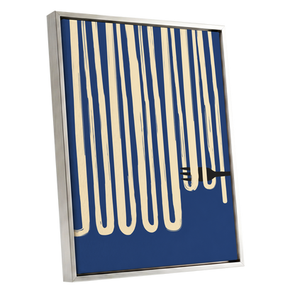 Pasta in Parallel, blue, beige, black minimalist wall art shown as a silver framed canvas wall art