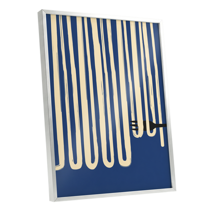 Pasta in Parallel, blue, beige, black minimalist wall art shown as a silver framed poster wall art print
