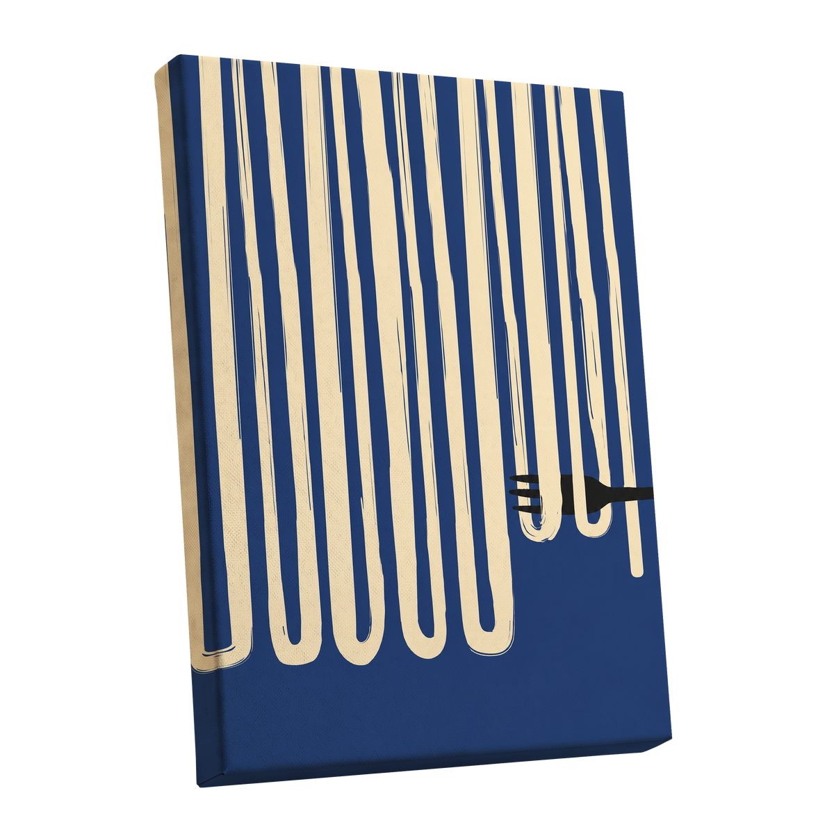 Pasta in Parallel, blue, beige, black minimalist wall art shown as a stretched canvas wall art