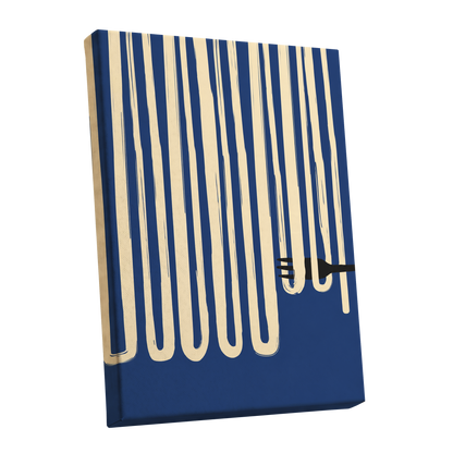 Pasta in Parallel, blue, beige, black minimalist wall art shown as a stretched canvas wall art