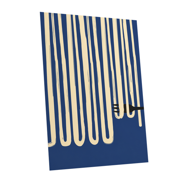 Pasta in Parallel, blue, beige, black minimalist wall art shown as a unframed poster wall art print