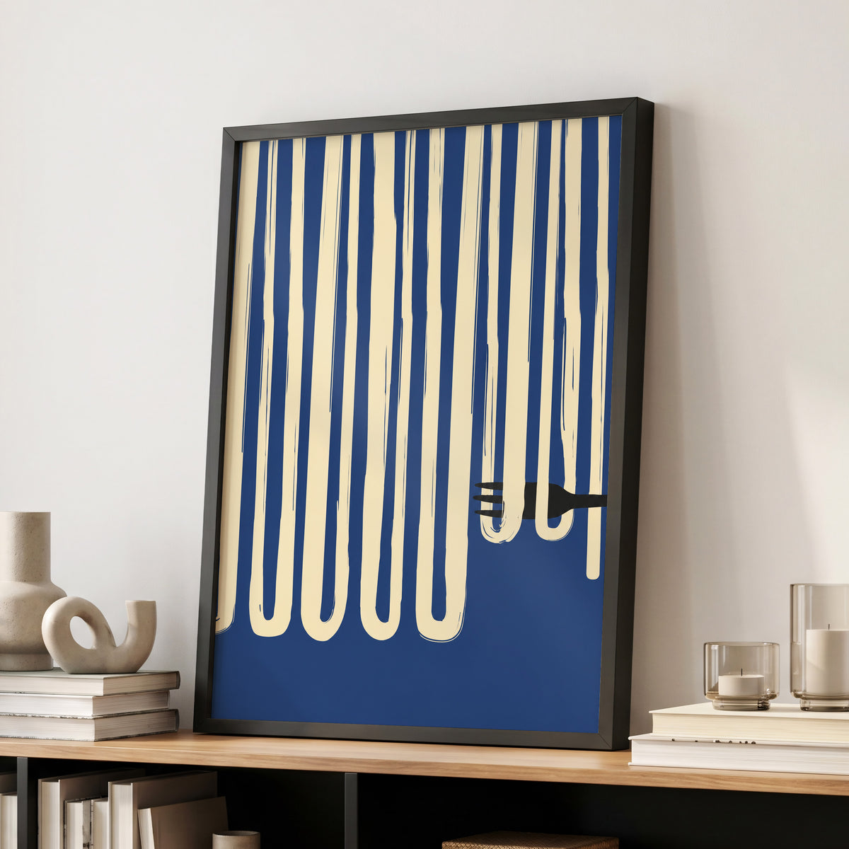 Pasta in Parallel, blue, beige, black minimalist wall art displayed in a styled interior, gallery view 2
