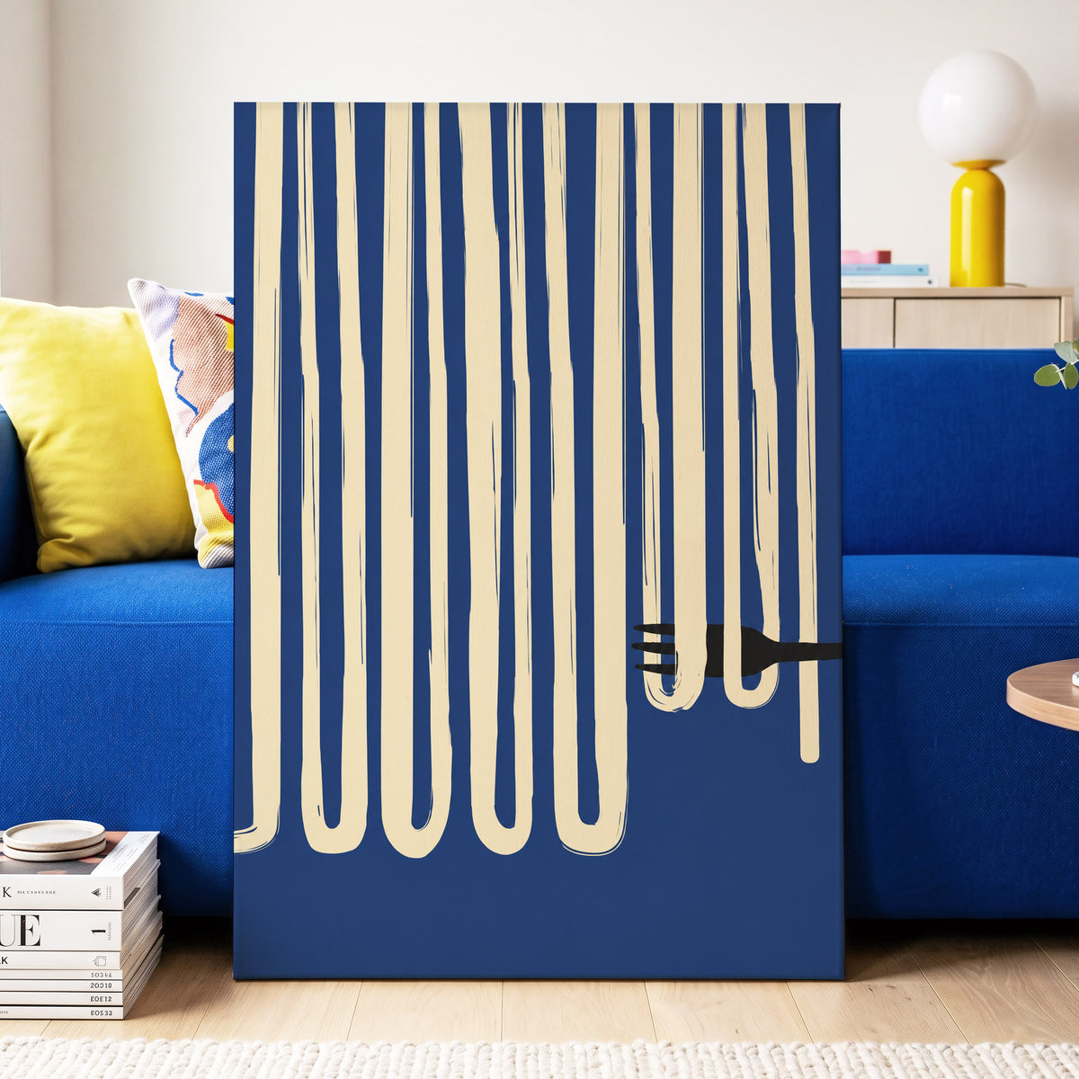 Pasta in Parallel, blue, beige, black minimalist wall art displayed in a styled interior, gallery view 3