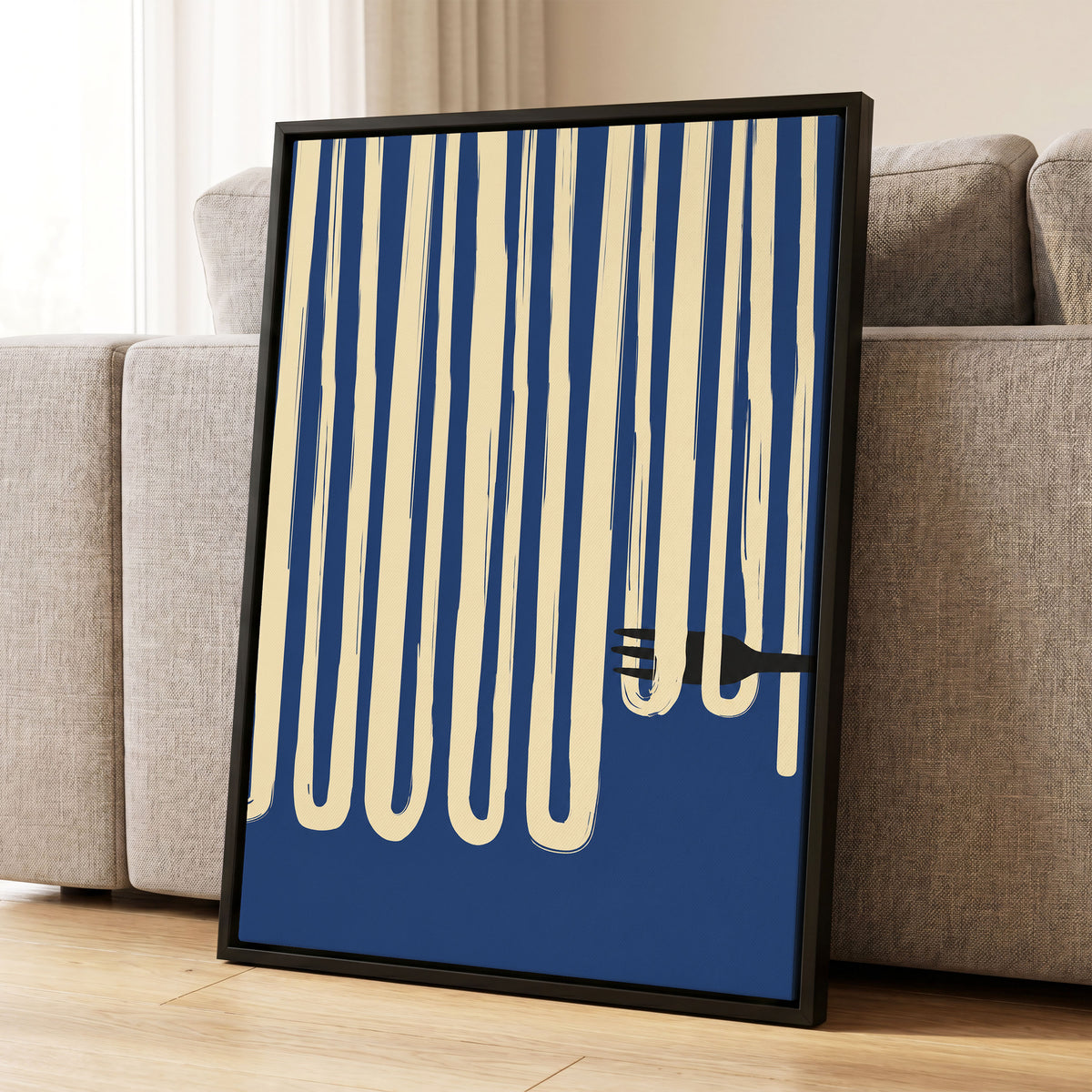 Pasta in Parallel, blue, beige, black minimalist wall art displayed in a styled interior, gallery view 4