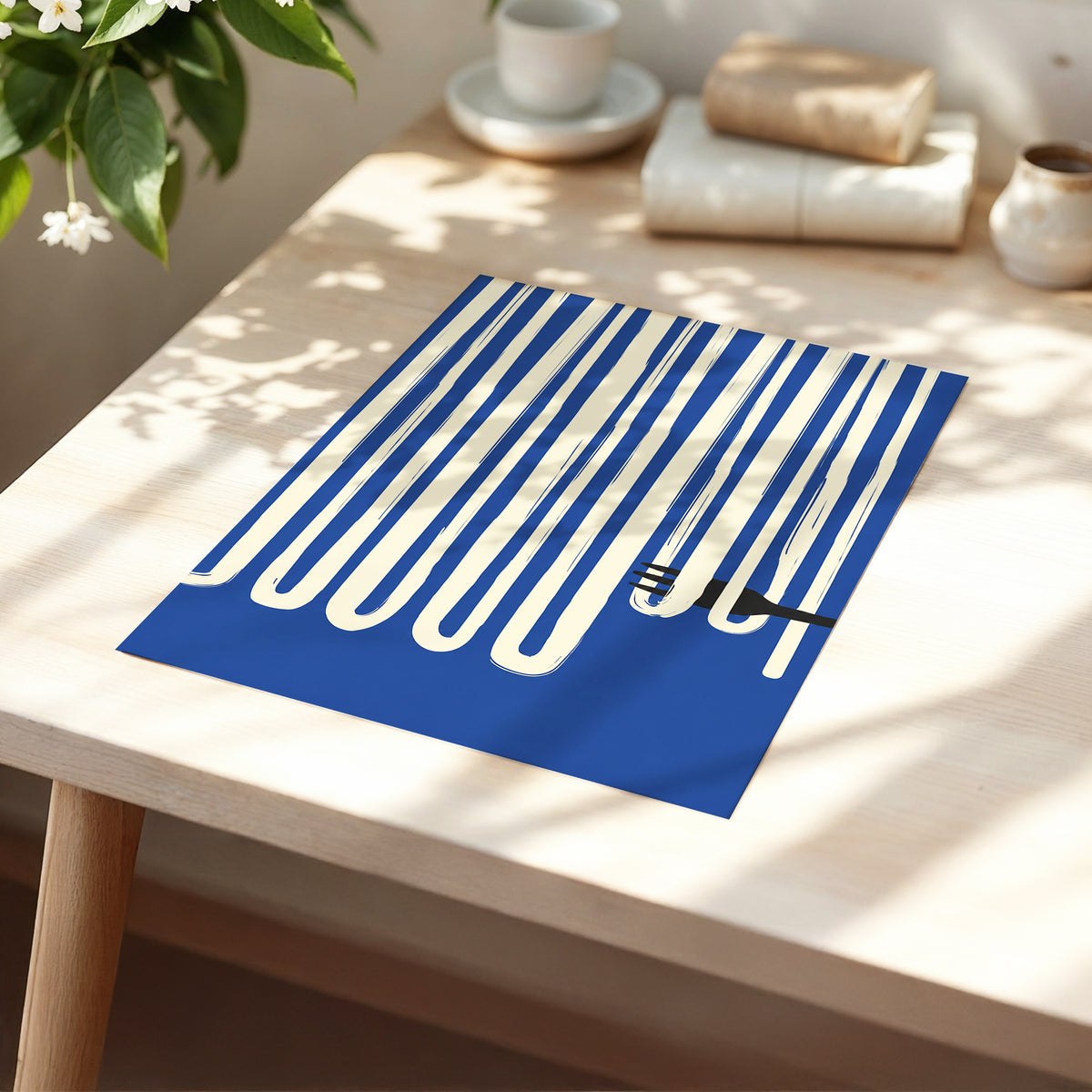 Pasta in Parallel, blue, beige, black minimalist wall art displayed in a styled interior, gallery view 5