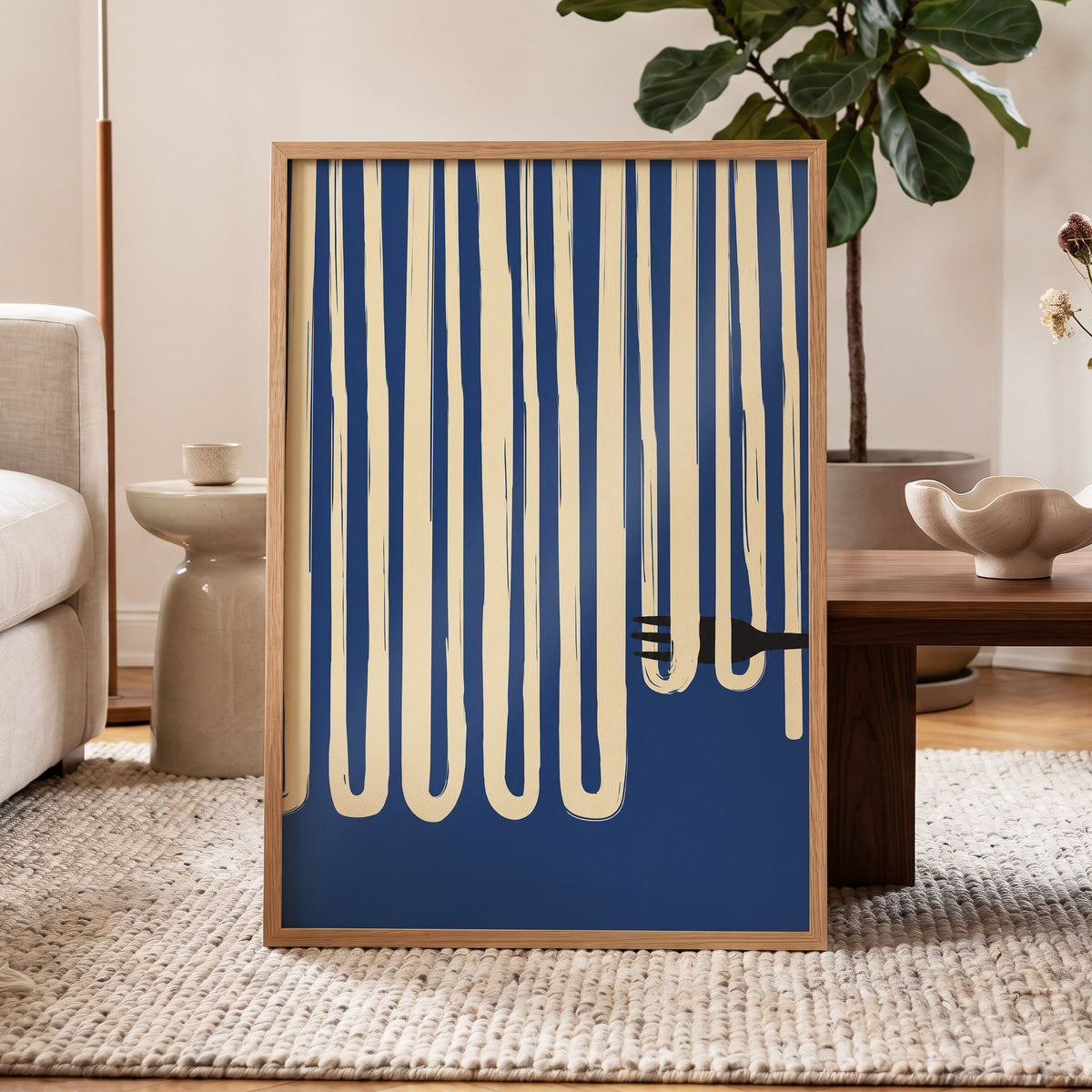 Pasta in Parallel, blue, beige, black minimalist wall art displayed in a styled interior, gallery view 6