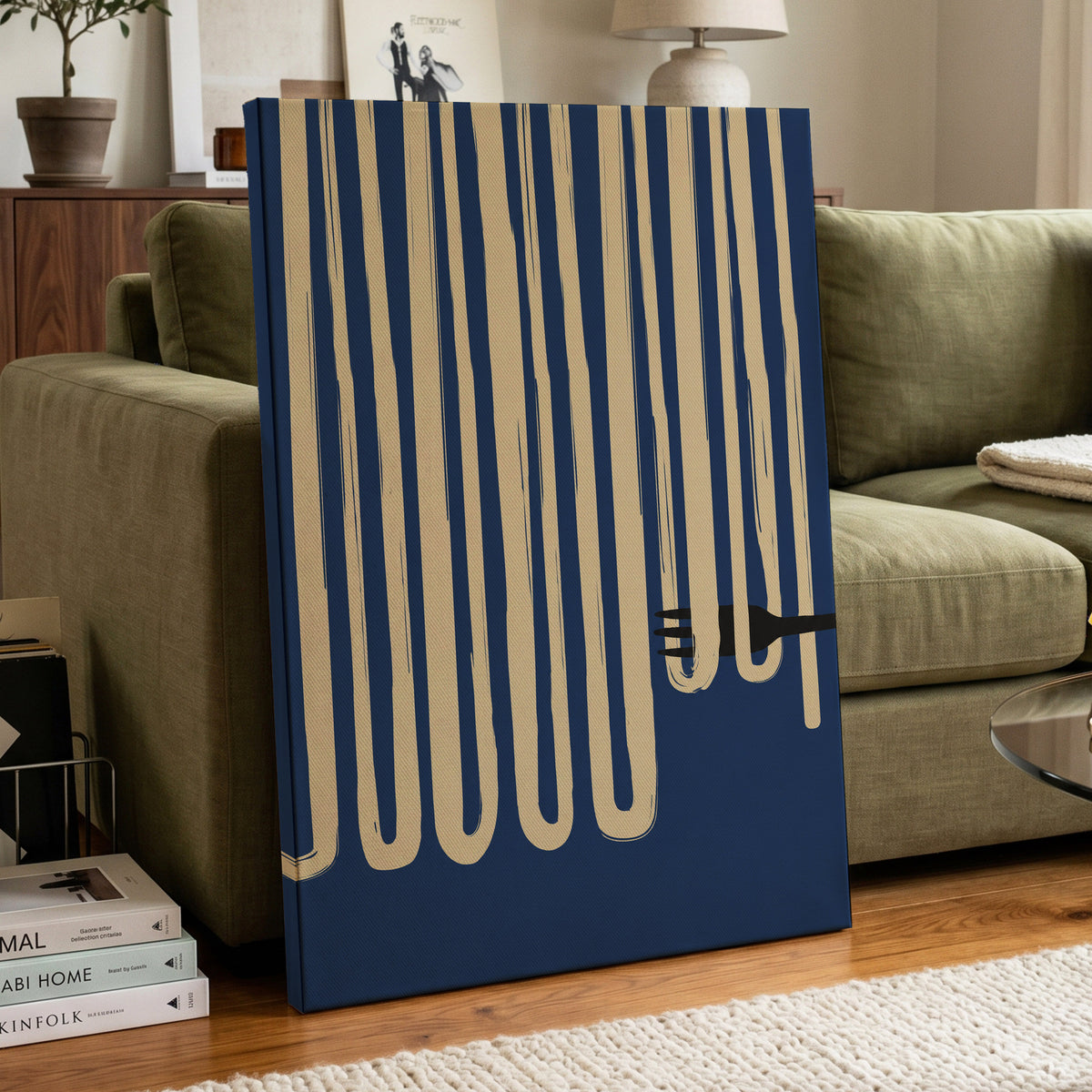 Pasta in Parallel, blue, beige, black minimalist wall art displayed in a styled interior, gallery view 7