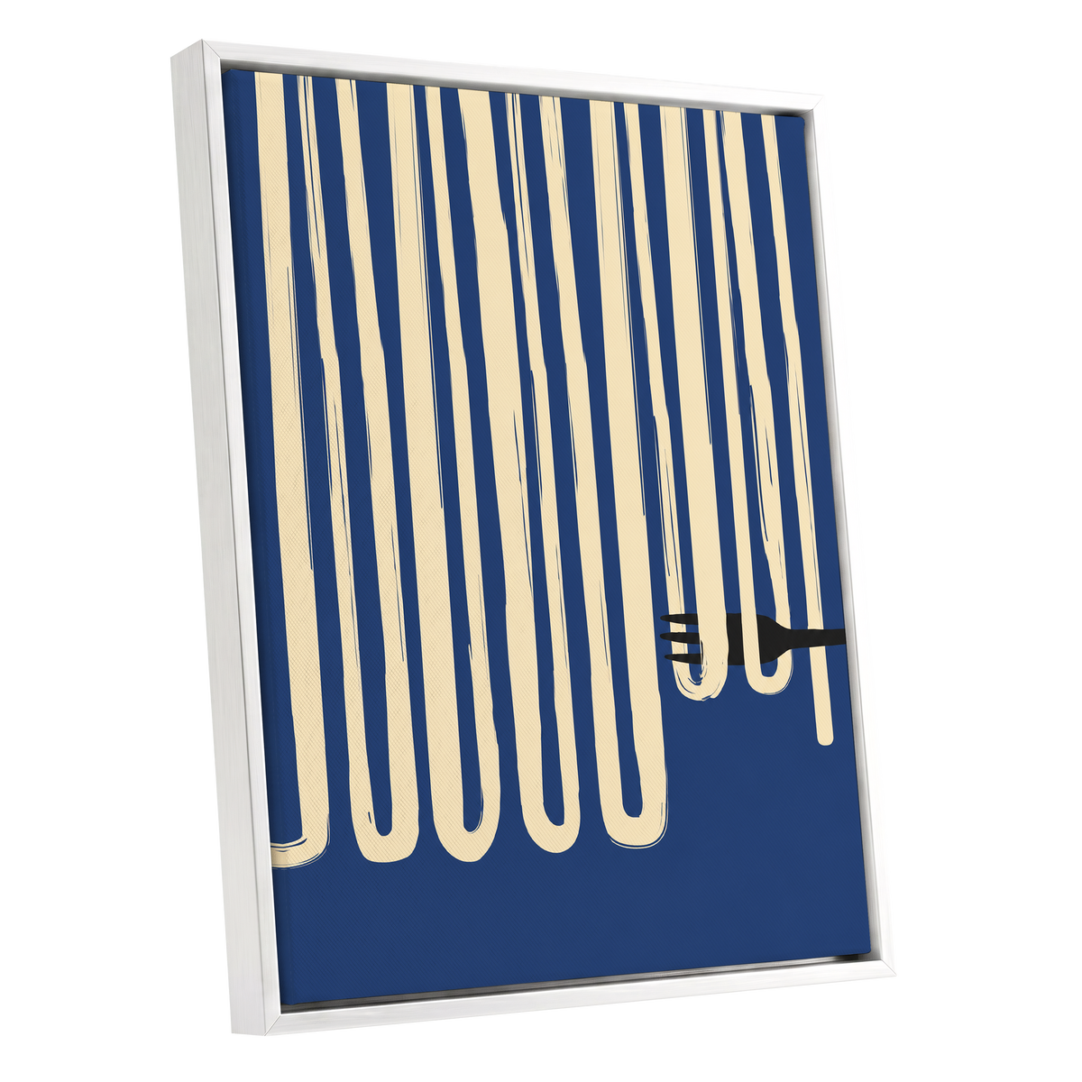 Pasta in Parallel, blue, beige, black minimalist wall art shown as a white framed canvas wall art