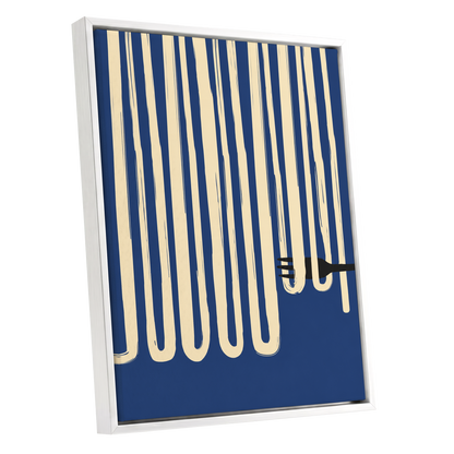 Pasta in Parallel, blue, beige, black minimalist wall art shown as a white framed canvas wall art