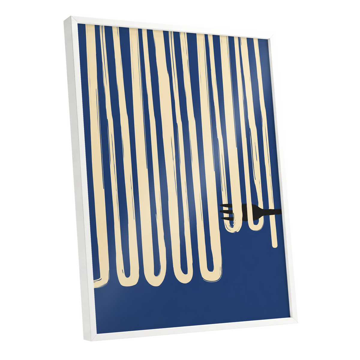 Pasta in Parallel, blue, beige, black minimalist wall art shown as a white framed poster wall art print