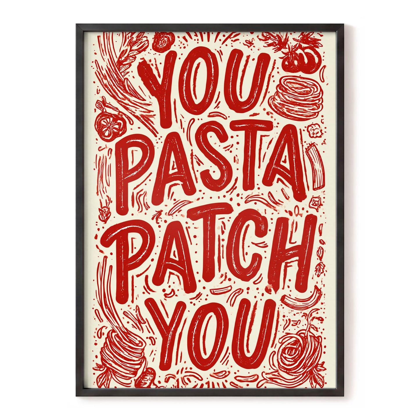 Pasta Patch Parade, red, beige, pink abstract wall art, front artwork view