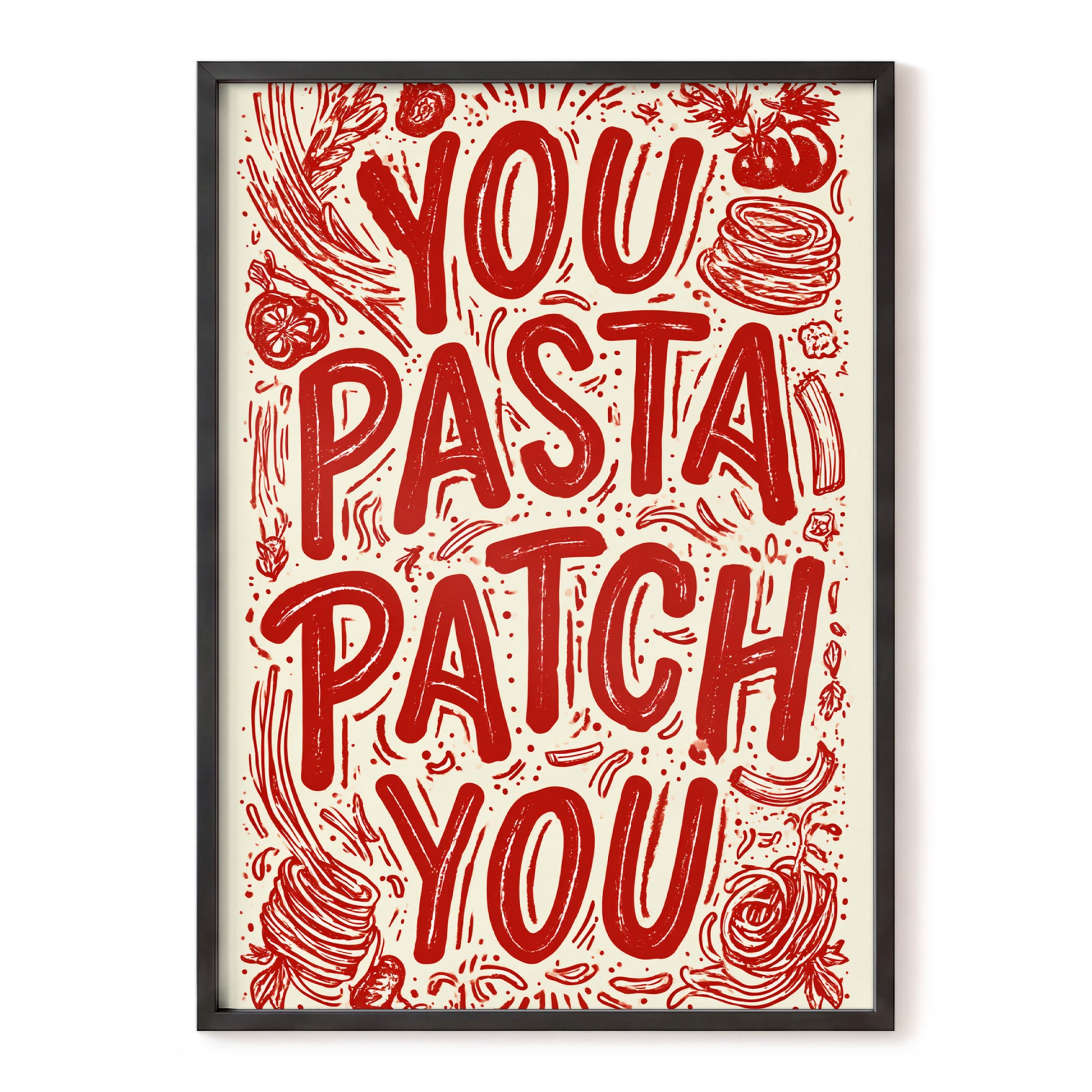 Pasta Patch Parade, red, beige, pink abstract wall art, front artwork view