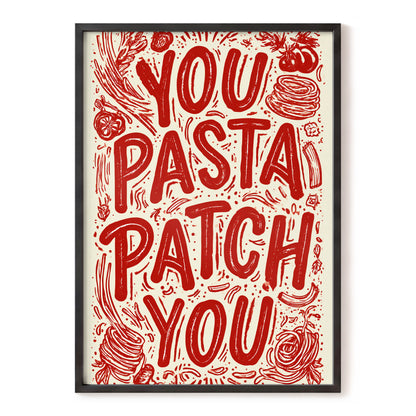 Pasta Patch Parade, red, beige, pink abstract wall art, front artwork view