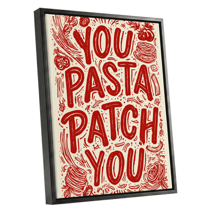 Pasta Patch Parade, red, beige, pink abstract wall art shown as a black framed canvas wall art