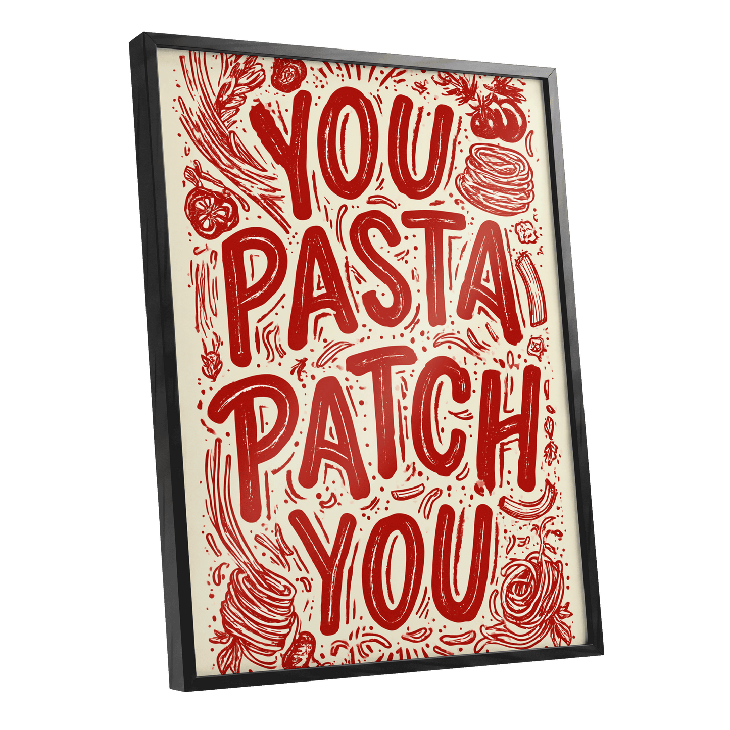 Pasta Patch Parade, red, beige, pink abstract wall art shown as a black framed poster wall art print