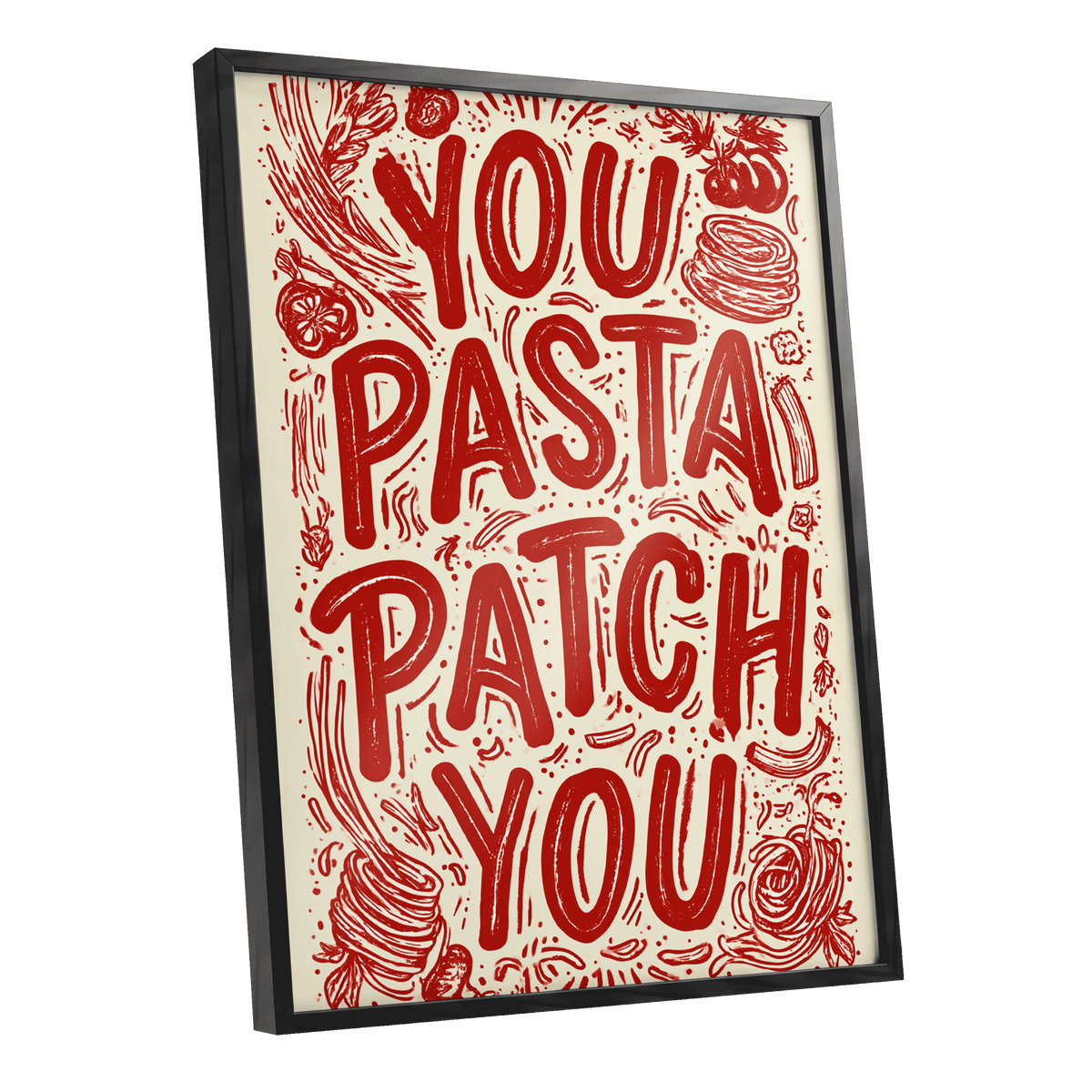 Pasta Patch Parade, red, beige, pink abstract wall art shown as a black framed poster wall art print