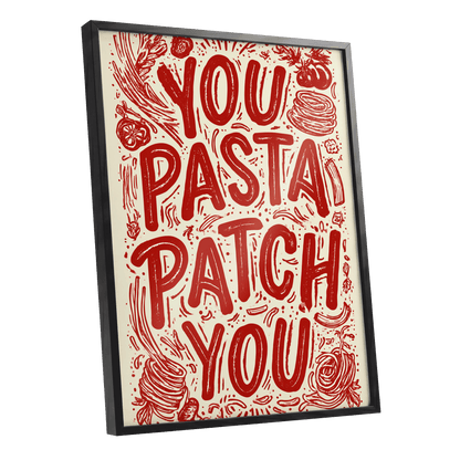Pasta Patch Parade, red, beige, pink abstract wall art shown as a black framed poster wall art print