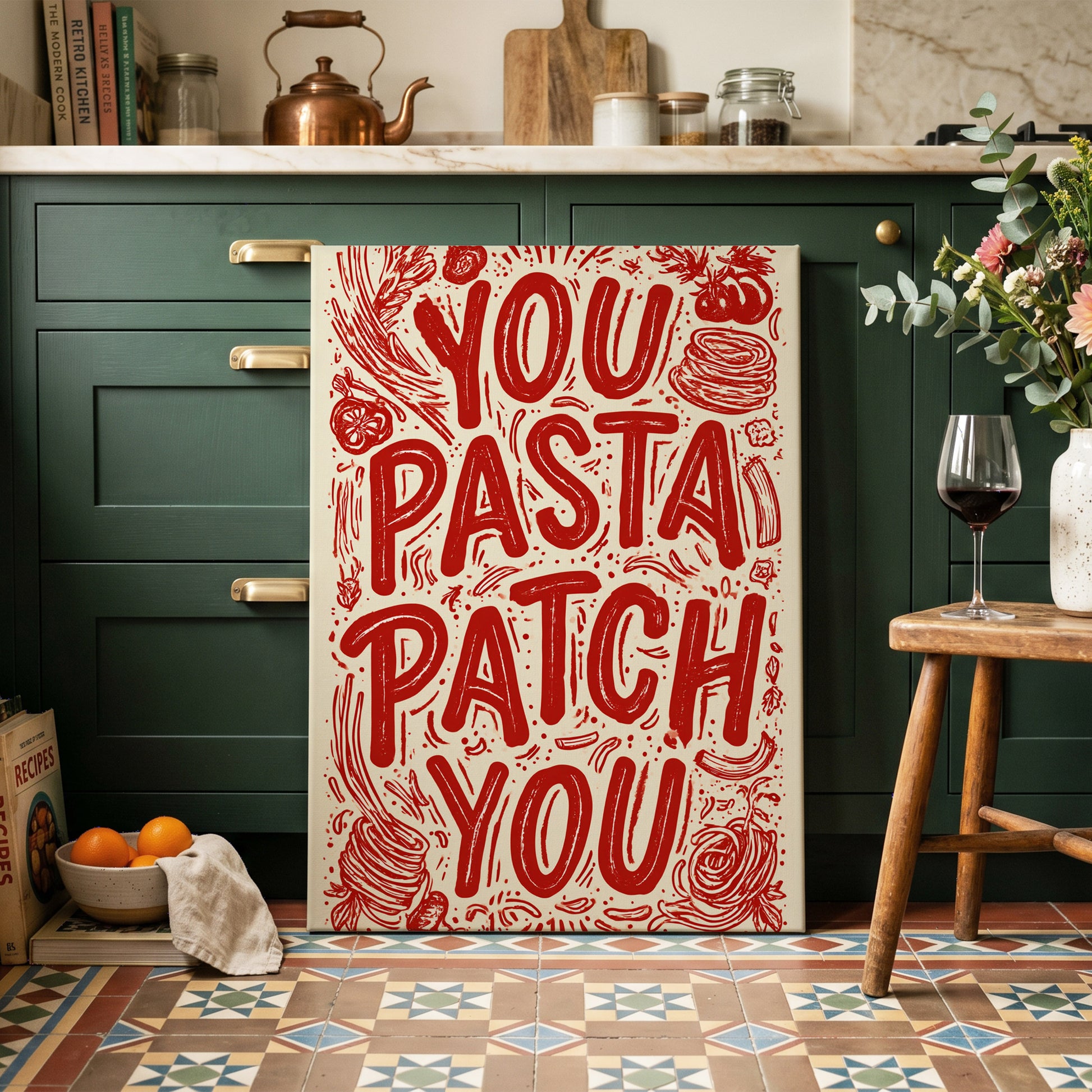 Pasta Patch Parade, red, beige, pink abstract wall art on canvas displayed in a styled interior, gallery view 1