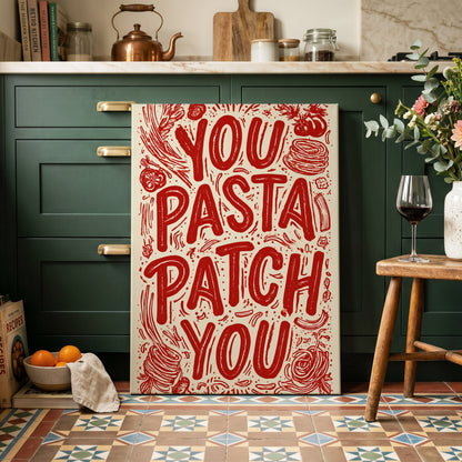 Pasta Patch Parade, red, beige, pink abstract wall art on canvas displayed in a styled interior, gallery view 1