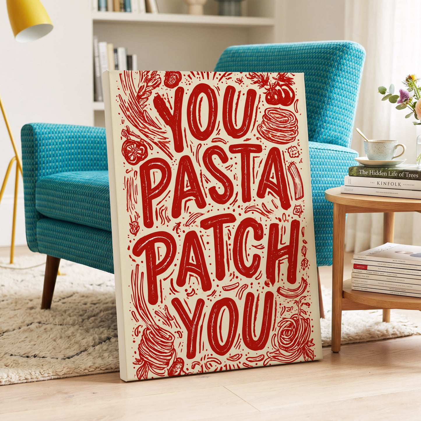 Pasta Patch Parade, red, beige, pink abstract wall art on canvas displayed in a styled interior, gallery view 2