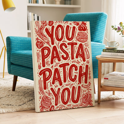 Pasta Patch Parade, red, beige, pink abstract wall art on canvas displayed in a styled interior, gallery view 2