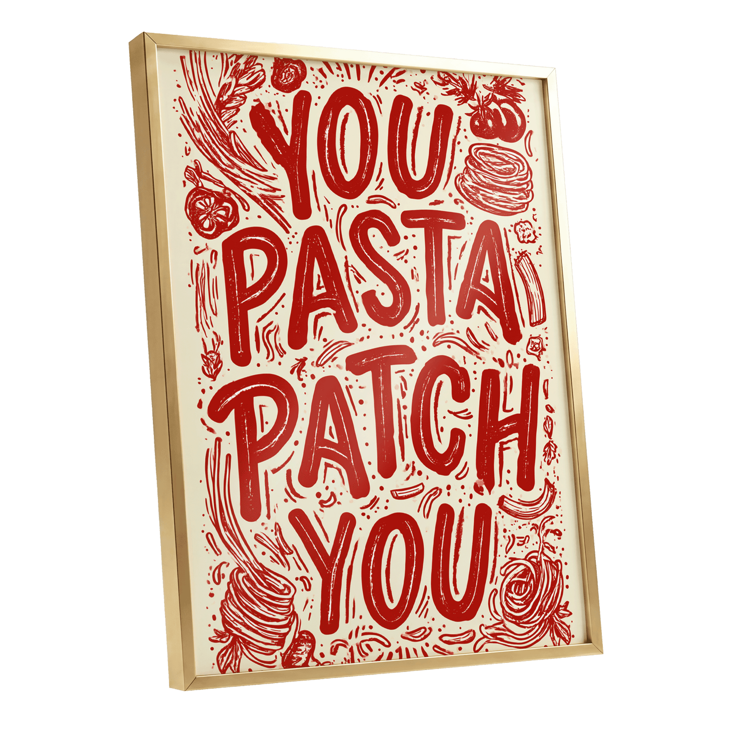 Pasta Patch Parade, red, beige, pink abstract wall art shown as a gold framed poster wall art print