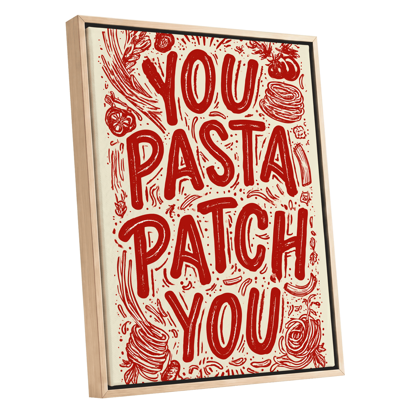 Pasta Patch Parade, red, beige, pink abstract wall art shown as a oak framed canvas wall art