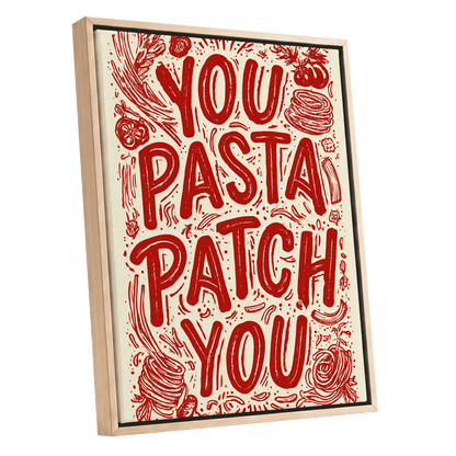 Pasta Patch Parade, red, beige, pink abstract wall art shown as a oak framed canvas wall art