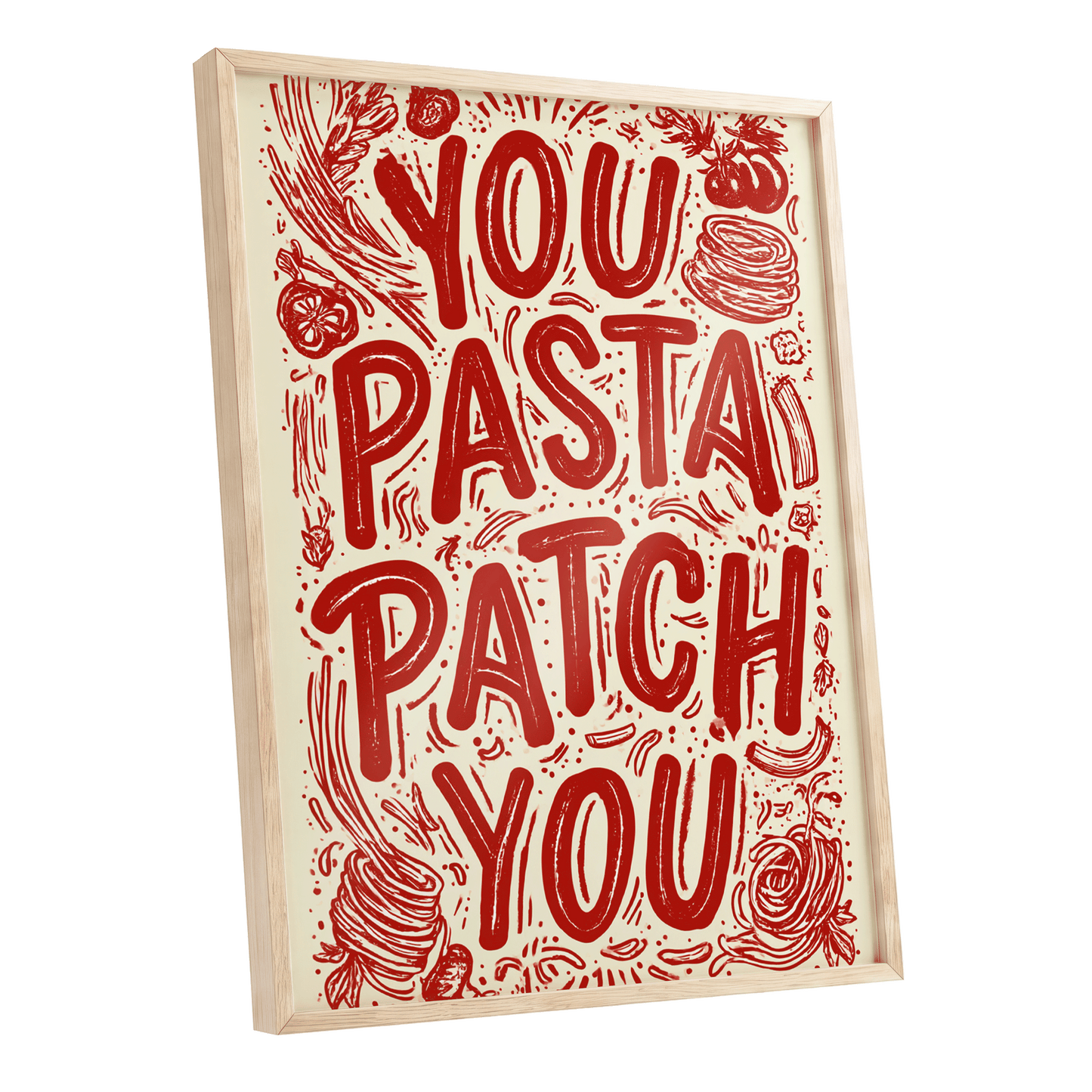Pasta Patch Parade, red, beige, pink abstract wall art shown as a oak framed poster wall art print