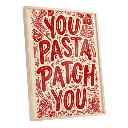 Pasta Patch Parade, red, beige, pink abstract wall art shown as a oak framed poster wall art print
