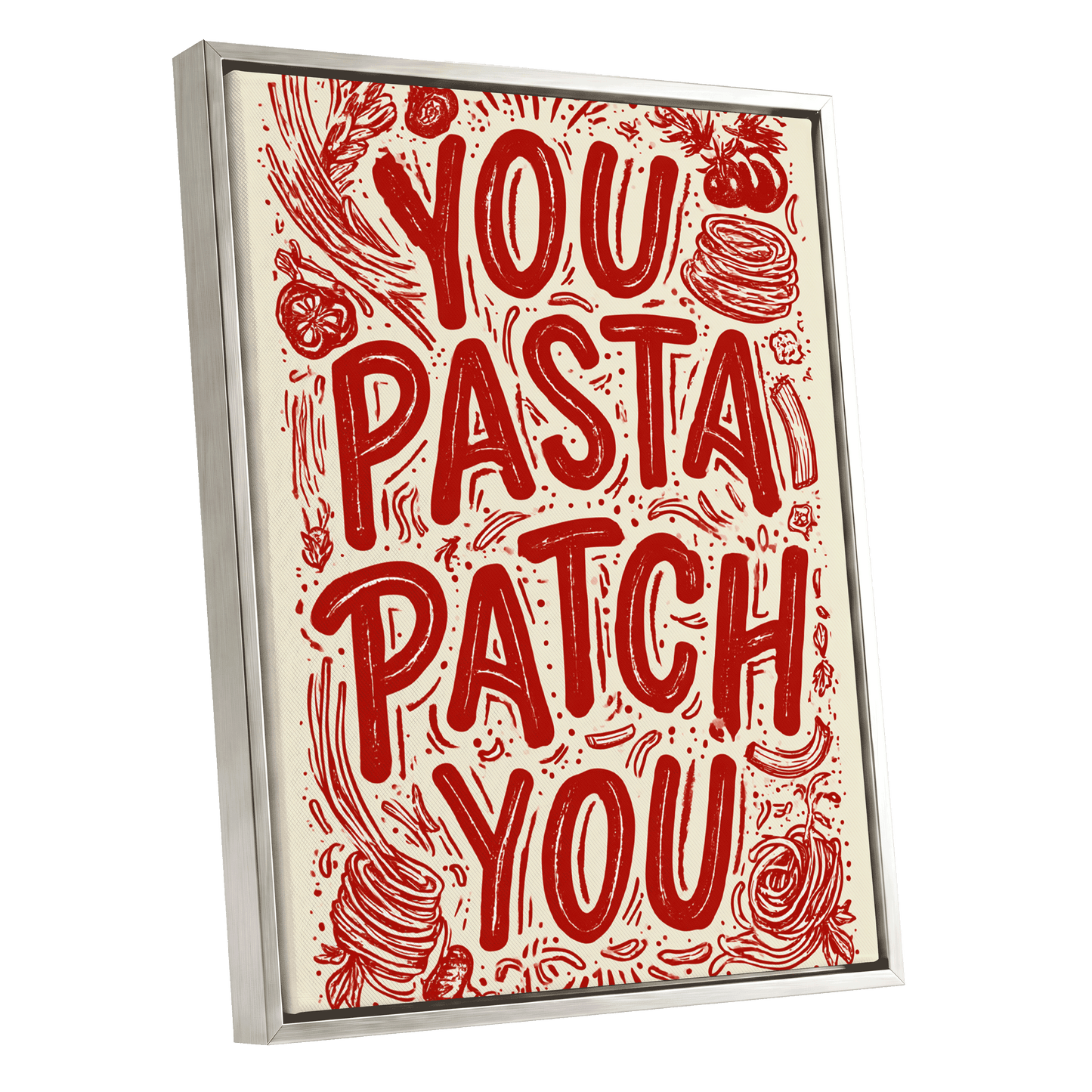 Pasta Patch Parade, red, beige, pink abstract wall art shown as a silver framed canvas wall art