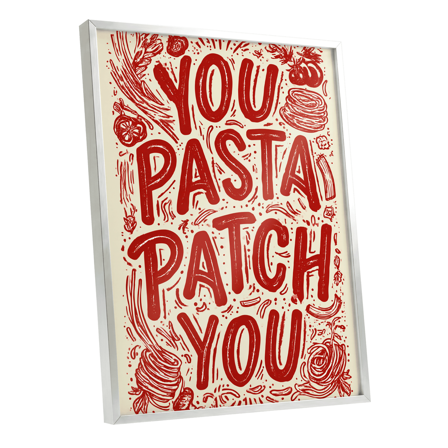 Pasta Patch Parade, red, beige, pink abstract wall art shown as a silver framed poster wall art print