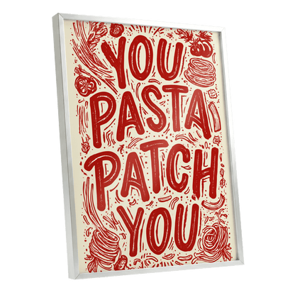 Pasta Patch Parade, red, beige, pink abstract wall art shown as a silver framed poster wall art print