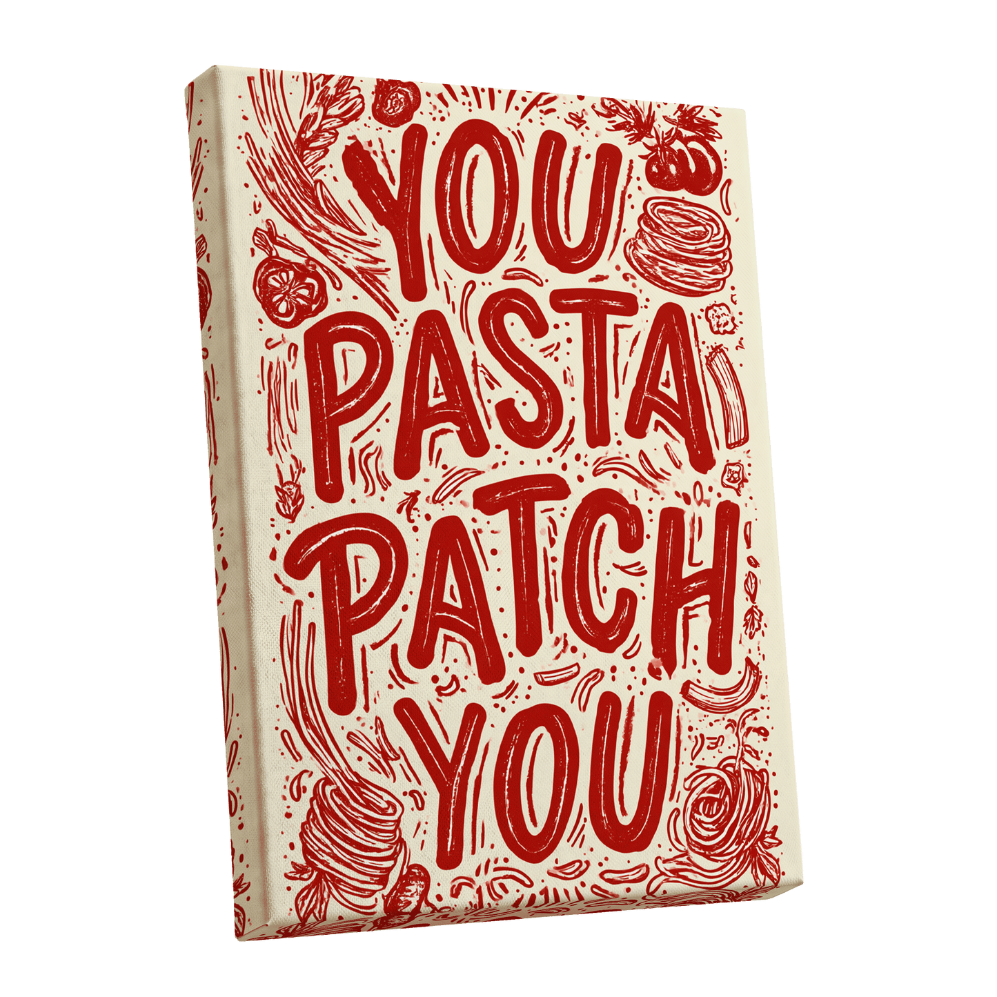Pasta Patch Parade, red, beige, pink abstract wall art shown as a stretched canvas wall art