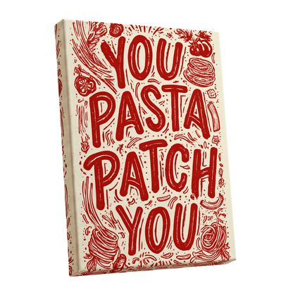 Pasta Patch Parade, red, beige, pink abstract wall art shown as a stretched canvas wall art