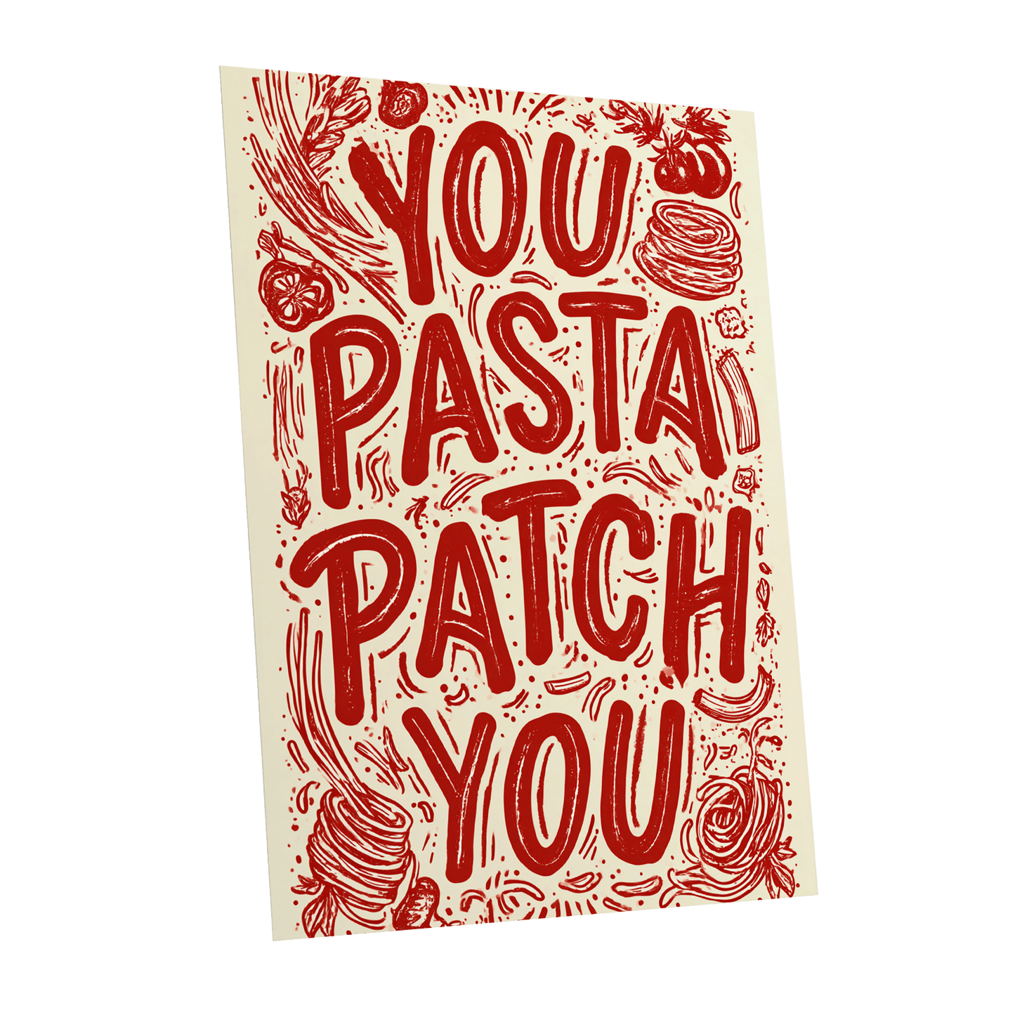 Pasta Patch Parade, red, beige, pink abstract wall art shown as a unframed poster wall art print