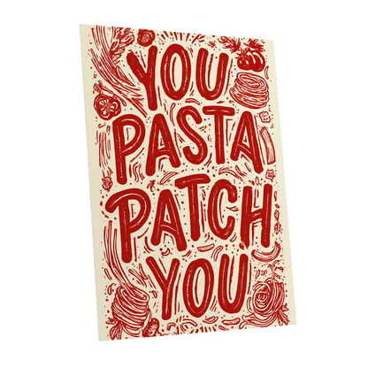 Pasta Patch Parade, red, beige, pink abstract wall art shown as a unframed poster wall art print