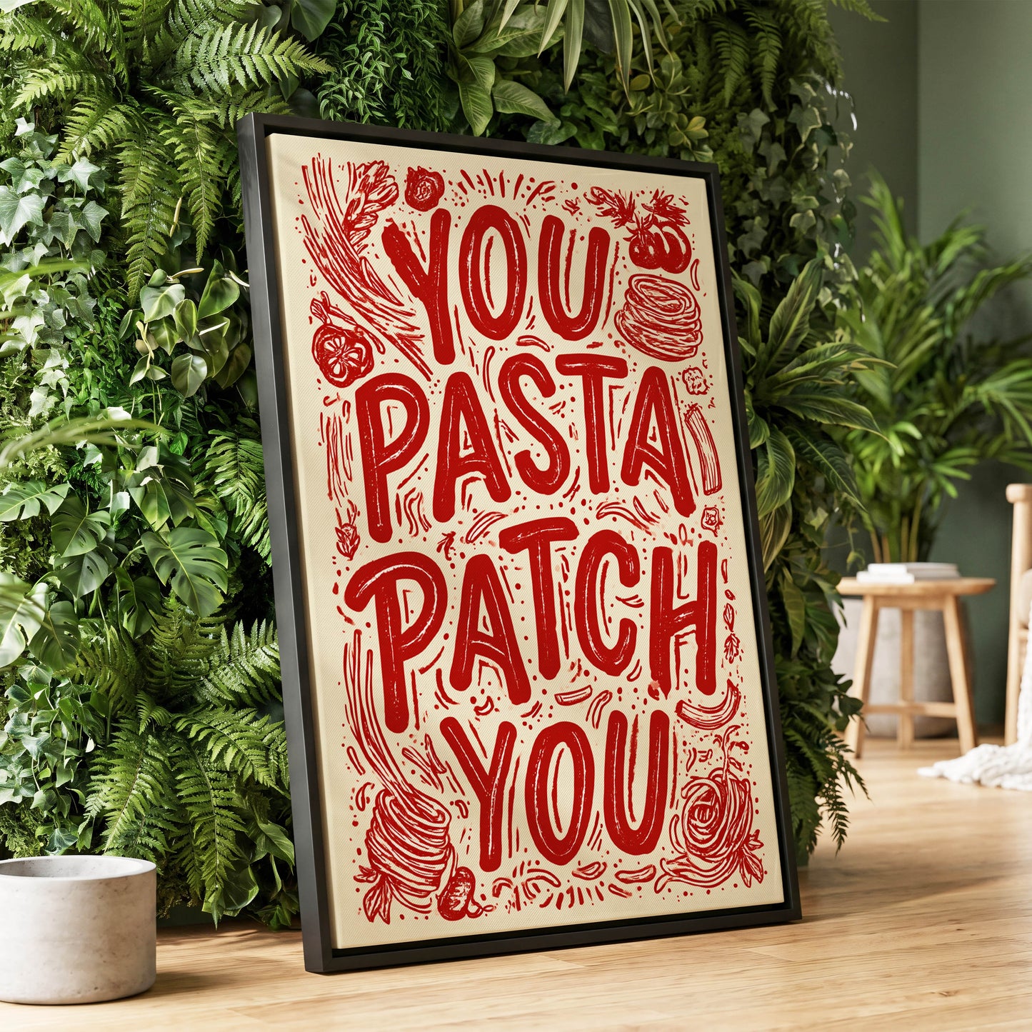 Pasta Patch Parade, red, beige, pink abstract wall art displayed in a styled interior, gallery view 1