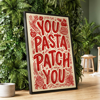 Pasta Patch Parade, red, beige, pink abstract wall art displayed in a styled interior, gallery view 1