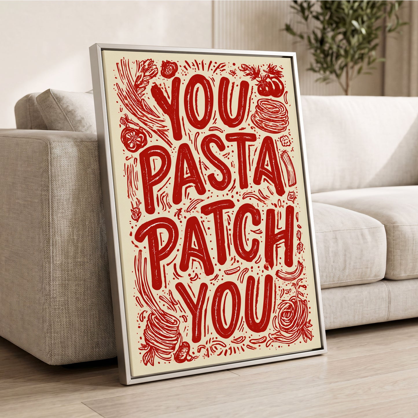 Pasta Patch Parade, red, beige, pink abstract wall art displayed in a styled interior, gallery view 2