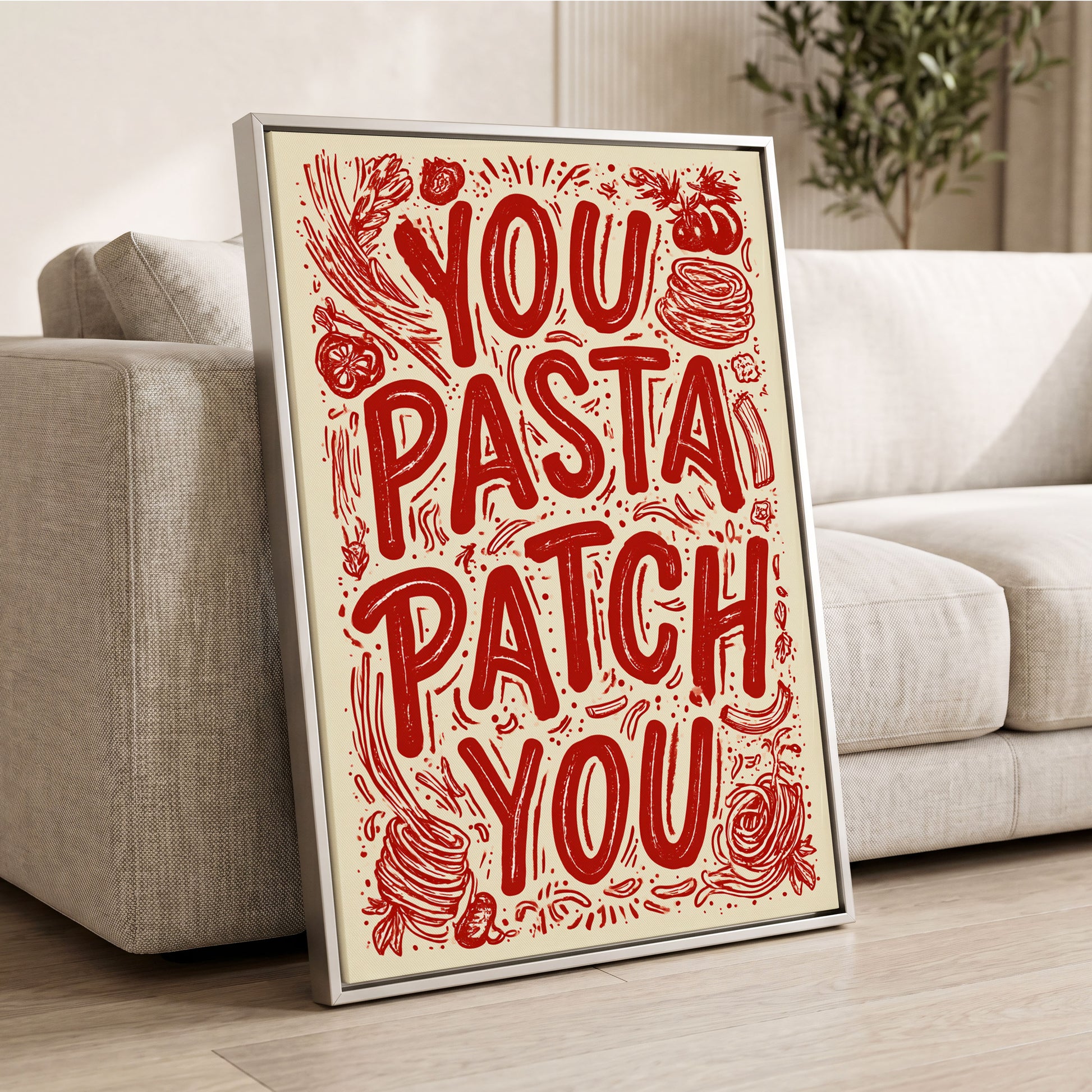 Pasta Patch Parade, red, beige, pink abstract wall art displayed in a styled interior, gallery view 2