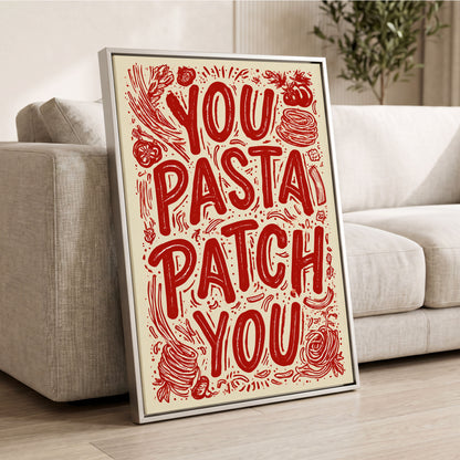 Pasta Patch Parade, red, beige, pink abstract wall art displayed in a styled interior, gallery view 2