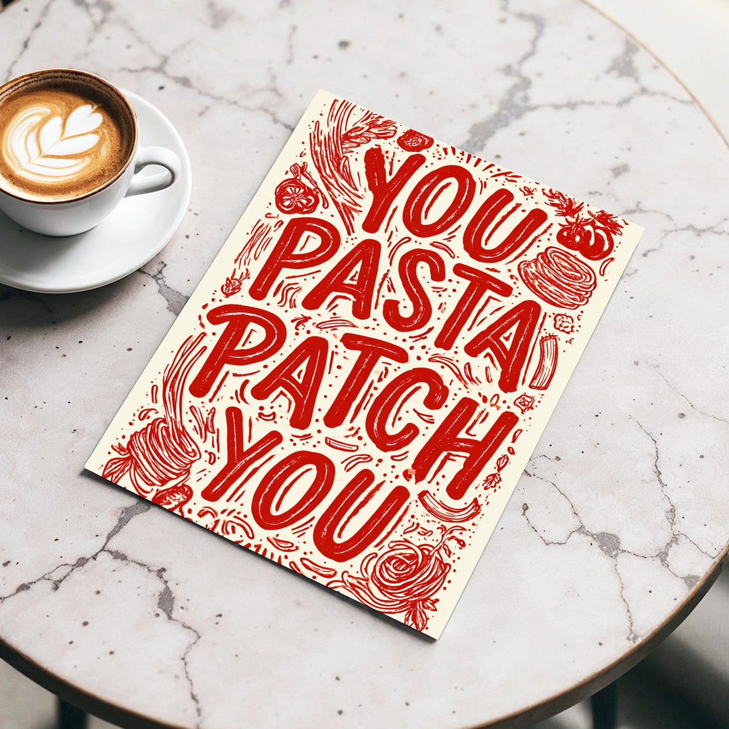 Pasta Patch Parade, red, beige, pink abstract wall art displayed in a styled interior, gallery view 3