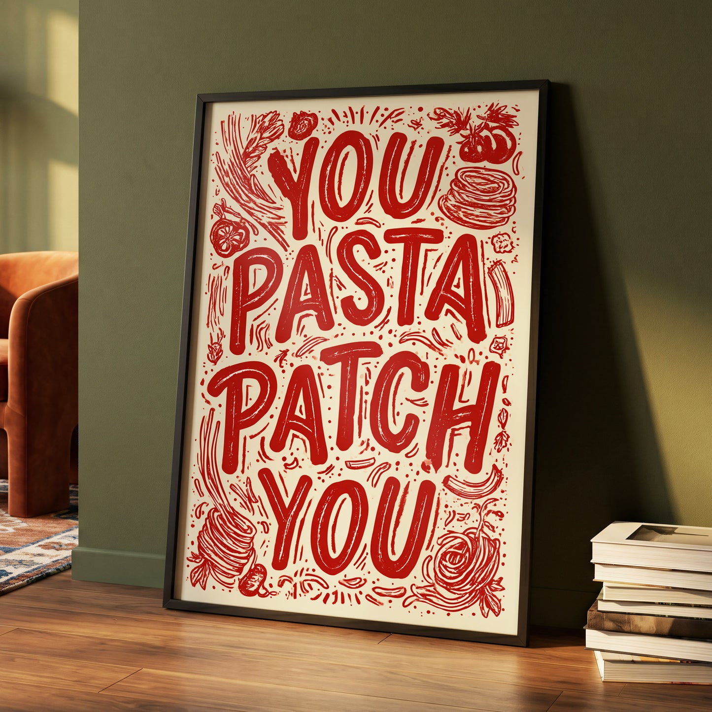 Pasta Patch Parade, red, beige, pink abstract wall art displayed in a styled interior, gallery view 4