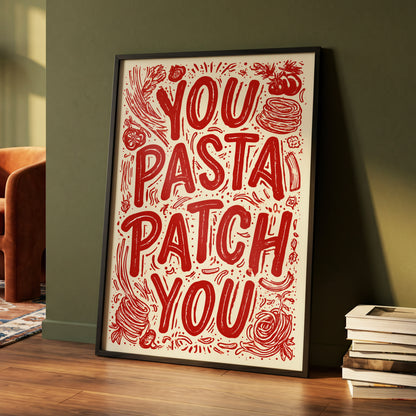 Pasta Patch Parade, red, beige, pink abstract wall art displayed in a styled interior, gallery view 4