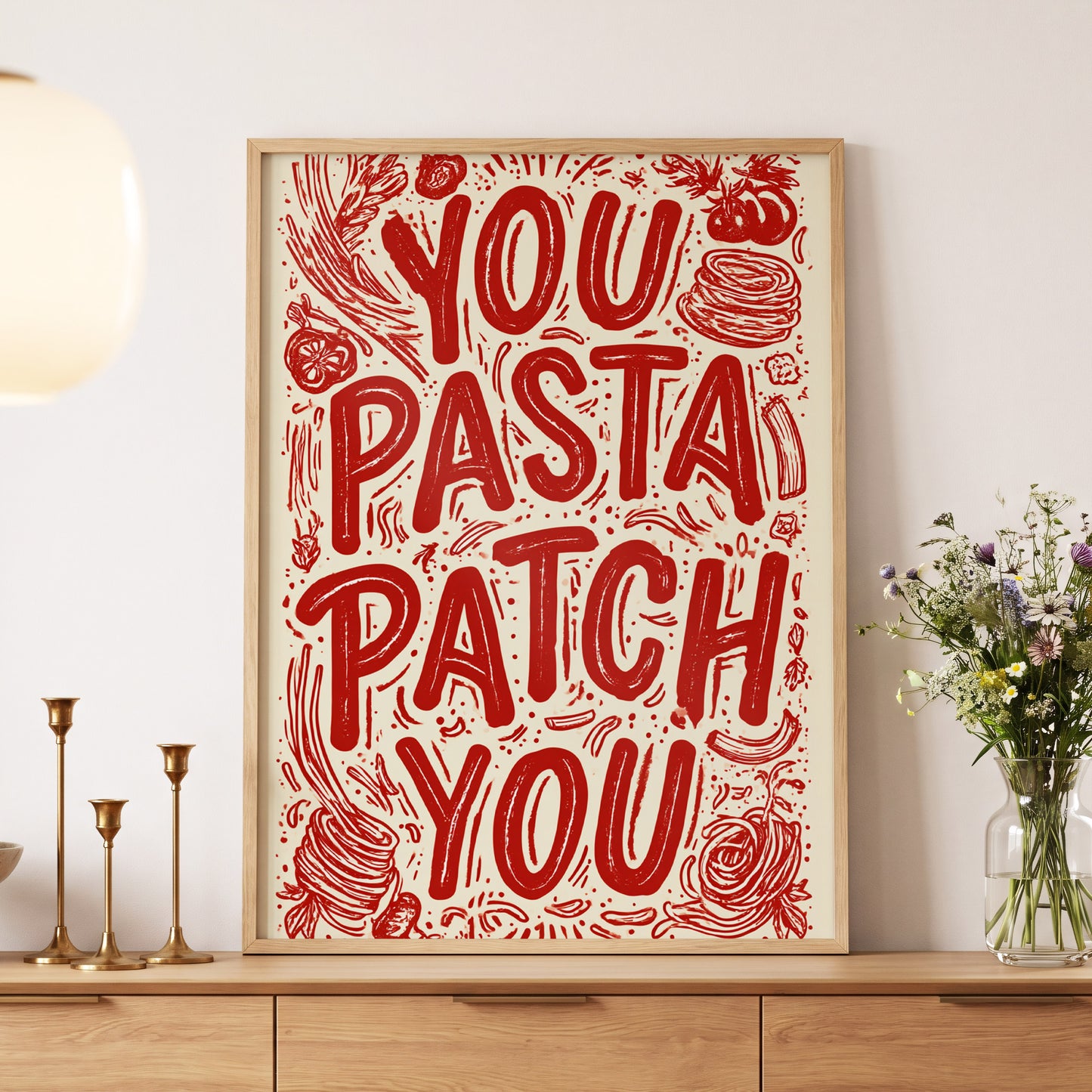 Pasta Patch Parade, red, beige, pink abstract wall art displayed in a styled interior, gallery view 5