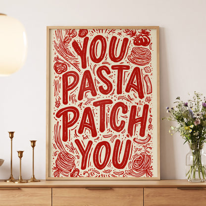 Pasta Patch Parade, red, beige, pink abstract wall art displayed in a styled interior, gallery view 5