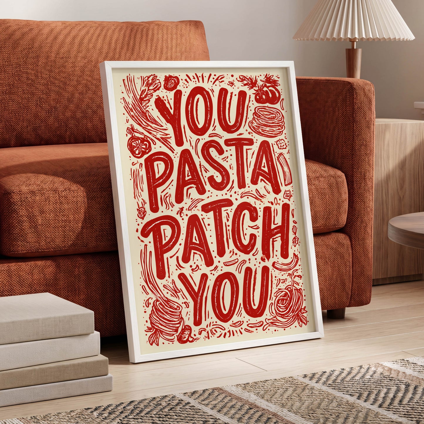 Pasta Patch Parade, red, beige, pink abstract wall art displayed in a styled interior, gallery view 6