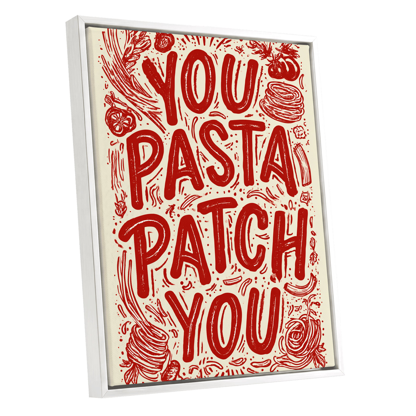 Pasta Patch Parade, red, beige, pink abstract wall art shown as a white framed canvas wall art