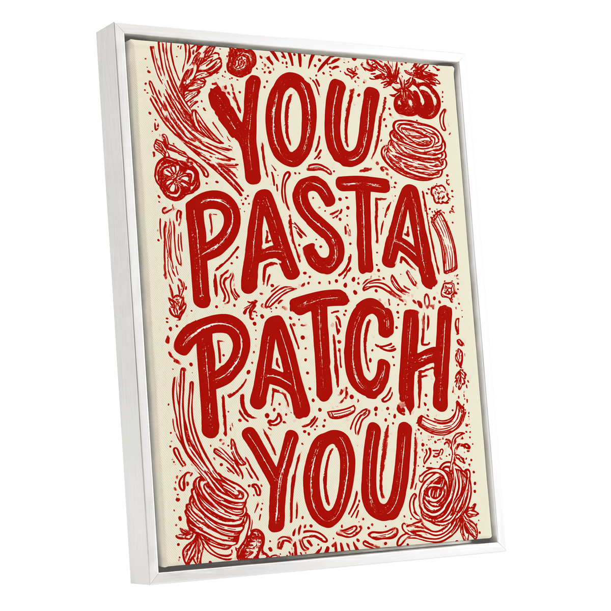 Pasta Patch Parade, red, beige, pink abstract wall art shown as a white framed canvas wall art